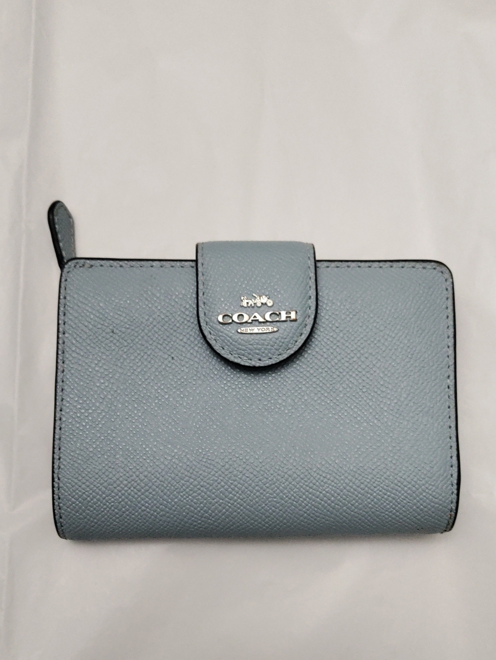 COACH Pale Blue Pebbled Leather Small Wallet with Silver Logo
